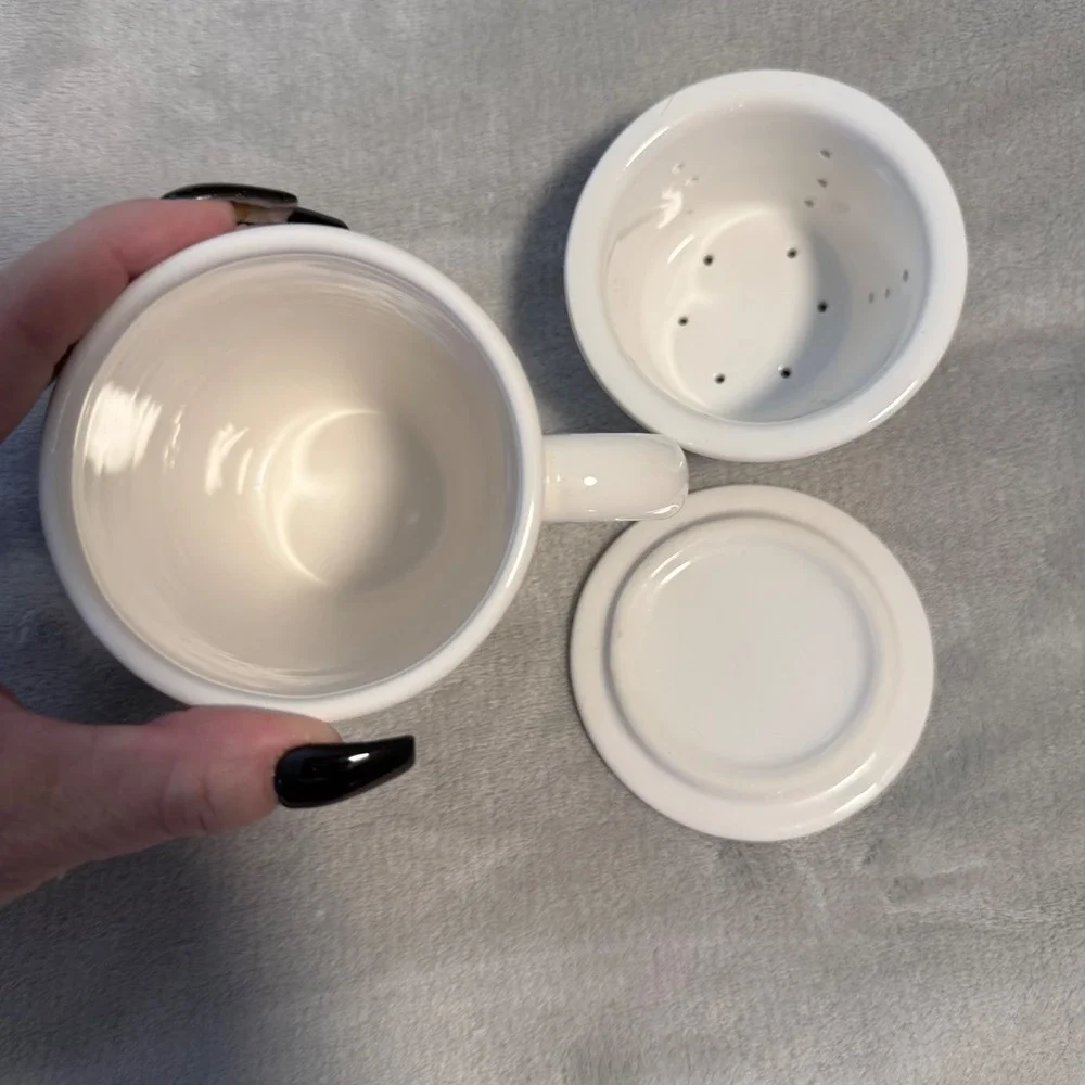 Pottery Barn Coffee House Tea Infuser Mug White Ceramic Lid Strainer